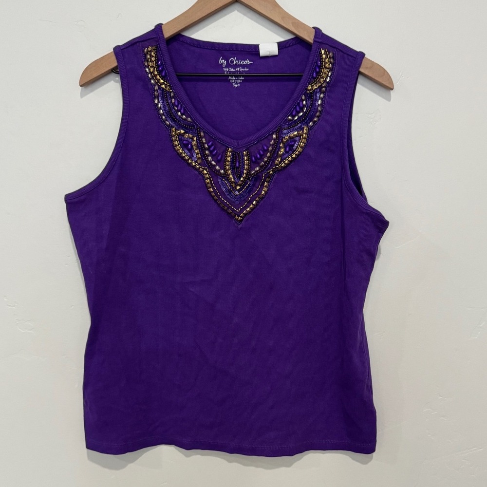 Chico's Purple Beaded V-Neck Ribbed Sleeveless Tank Top Size 3 XL Embellished